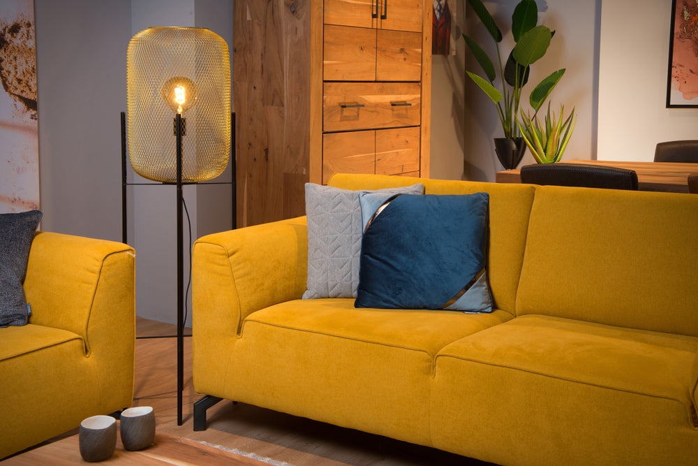 Lampadaire Lucide Mesh, cylindre métallisé vintage, douille E27, 40W max, IP20, finition noir mat & or