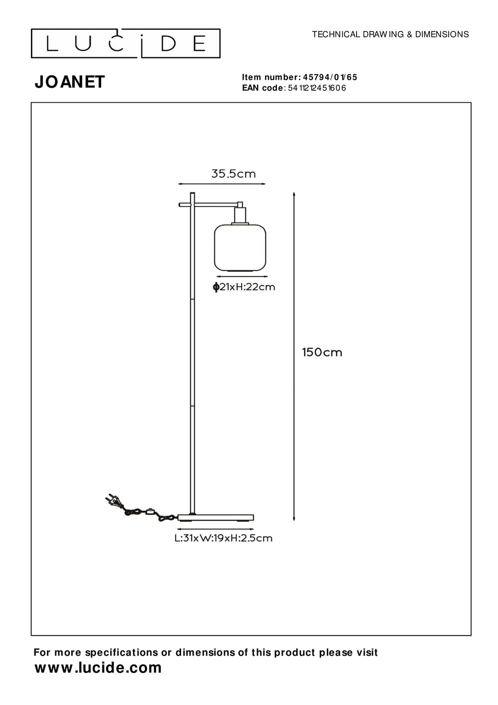 Lampe sur pied Lucide Joanet verre fumé design moderne avec douille E27, Base en acier noir, Utilisation intérieure IP20