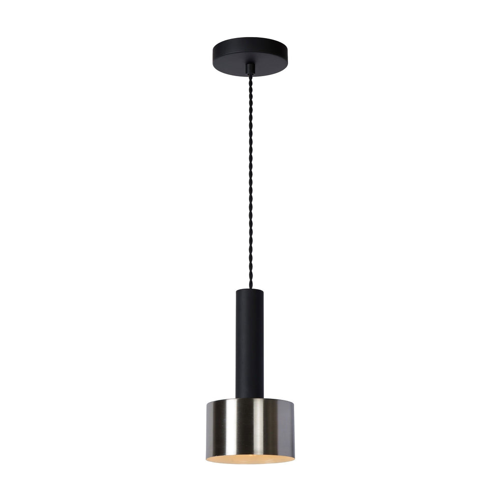 Lucide TEUN lampe suspendue rétro Ø13cm, hauteur réglable, douille E27, métal nickel satiné et noir mat, IP20