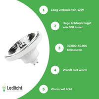 Spot LED Spectrum GU10 AR111 12W 3000K Blanc Chaud 800 lumens faisceau 20° 230V non dimmable