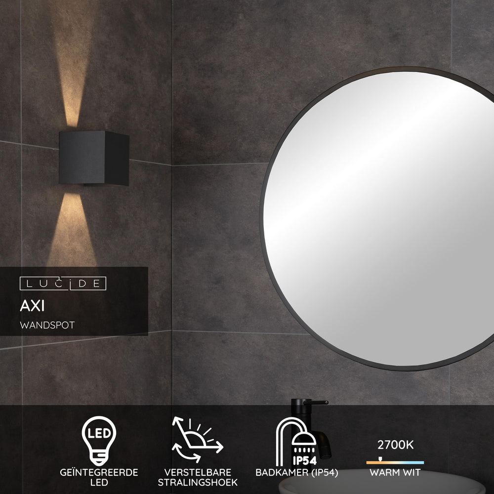 Applique murale LED Lucide AXI, 2x7W 2700K, IP54, angle de faisceau réglable, aluminium noir, éclairage moderne pour salle de bain