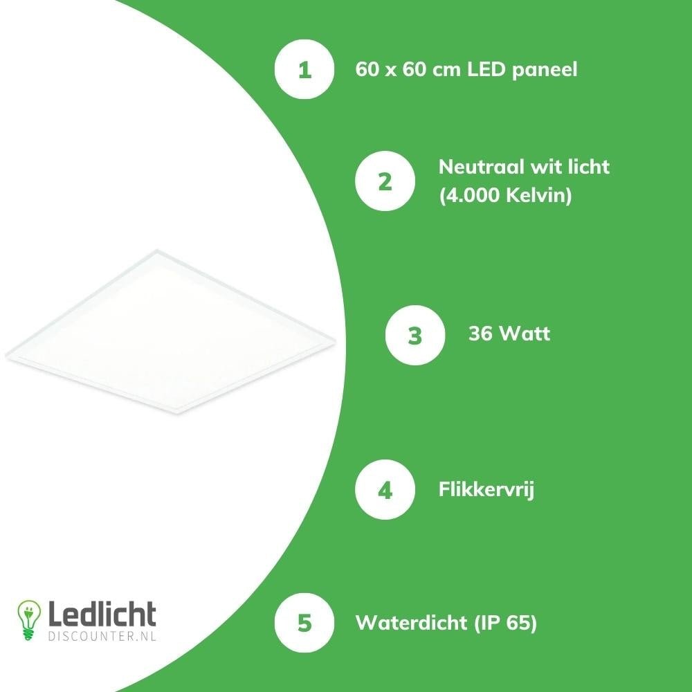 panneau led 60x60cm ip65 résistant à l'humidité 36w 4320 lumen 4000k blanc froid ugr22 opale