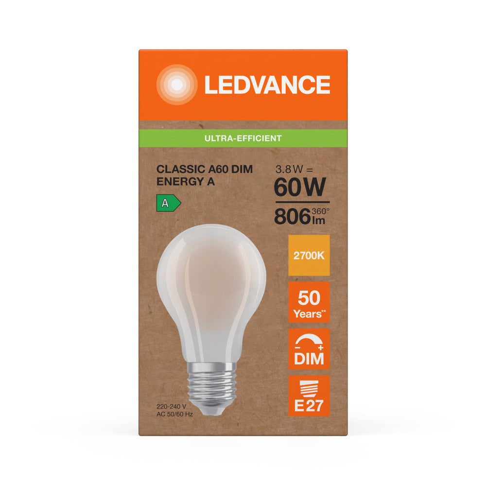 Ledvance LED Classic A60 Dépolie E27 Variable 3.8W 2700K 806 lumens Blanc Chaud Classe Énergétique A