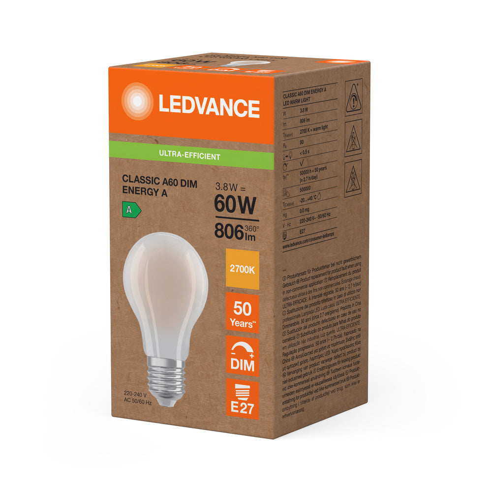 Ledvance LED Classic A60 Dépolie E27 Variable 3.8W 2700K 806 lumens Blanc Chaud Classe Énergétique A