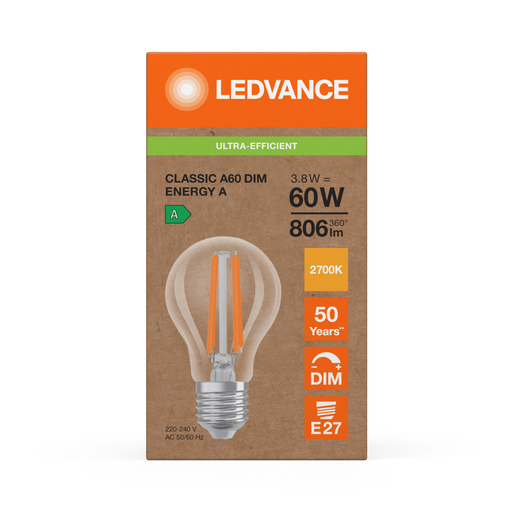 Ledvance LED Classic A E27 Blanc Chaud 2700K 3.8W dimmable ampoule claire 806 lumens 220-240V IP20 50000h