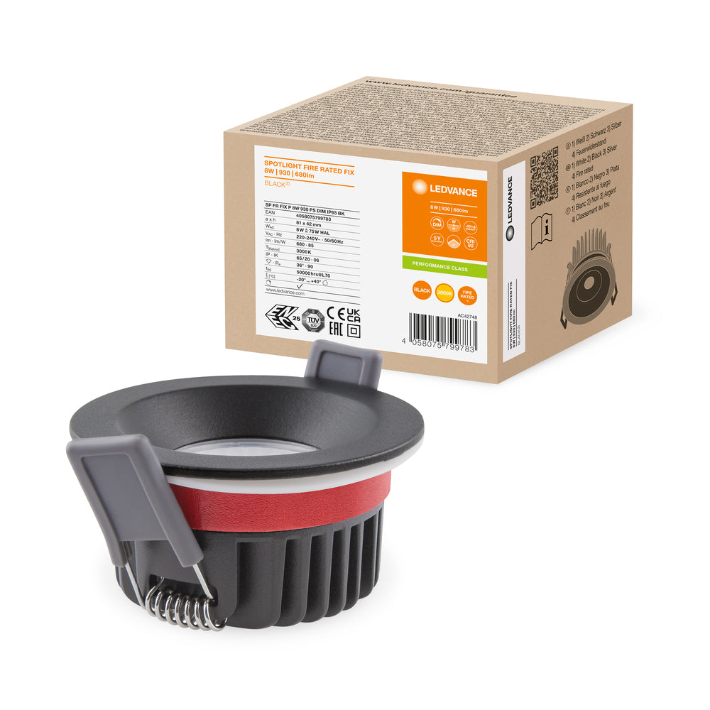 Ledvance fire rated recessed LED spotlight 8W 3000K dimmable IP65 Black 90CRI 36° beam