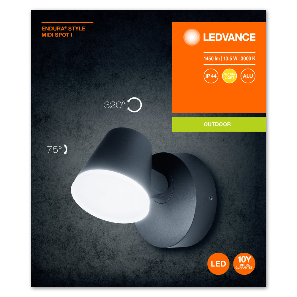 Ledvance ENDURA Style Midi Spot I Applique murale LED 13.5W 3000K 800 lumens IP44 Gris Foncé extérieur
