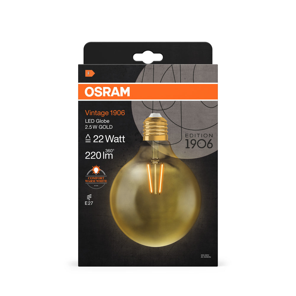 Ledvance Vintage 1906 LED Globe E27 2.5W 2400K Gold Glass 220 lumens IP20 non dimmable