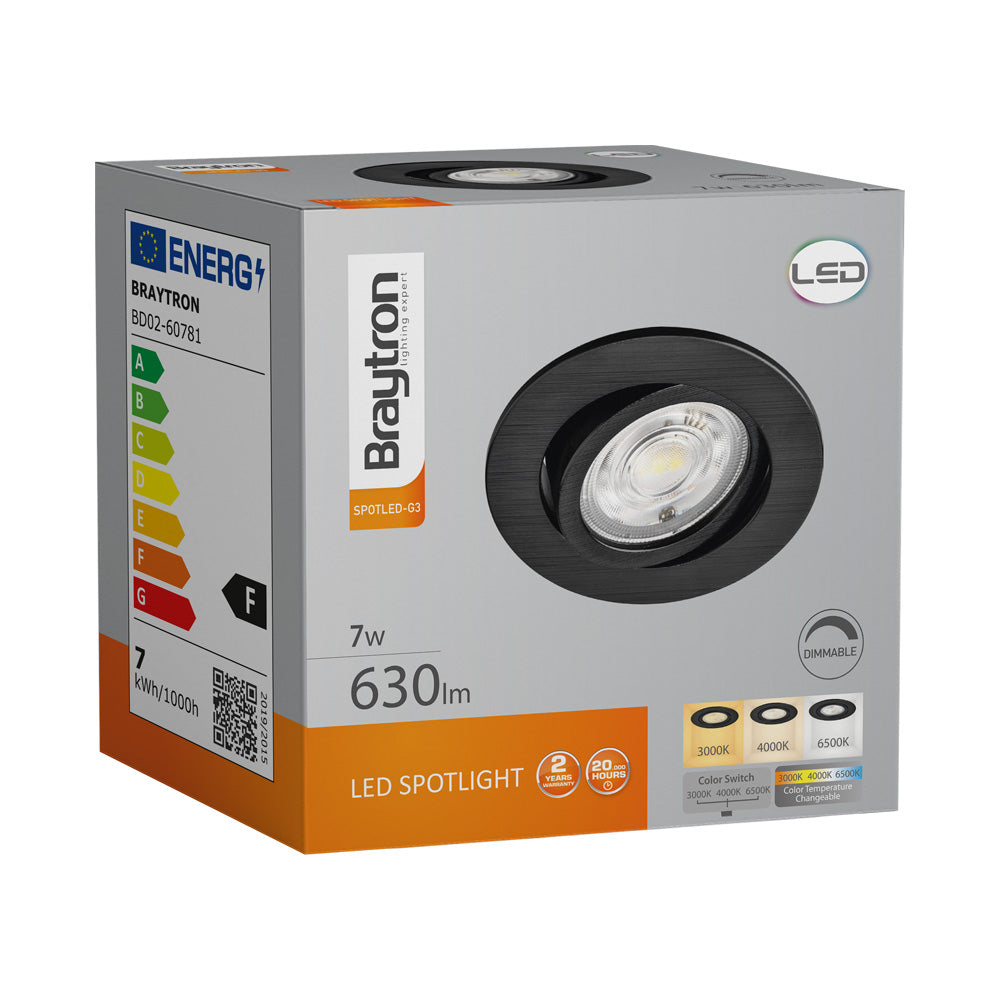 Spot LED dimmable Braytron 7W, 630 lumens, température de couleur 3EN1, noir, CRI >80, IP20