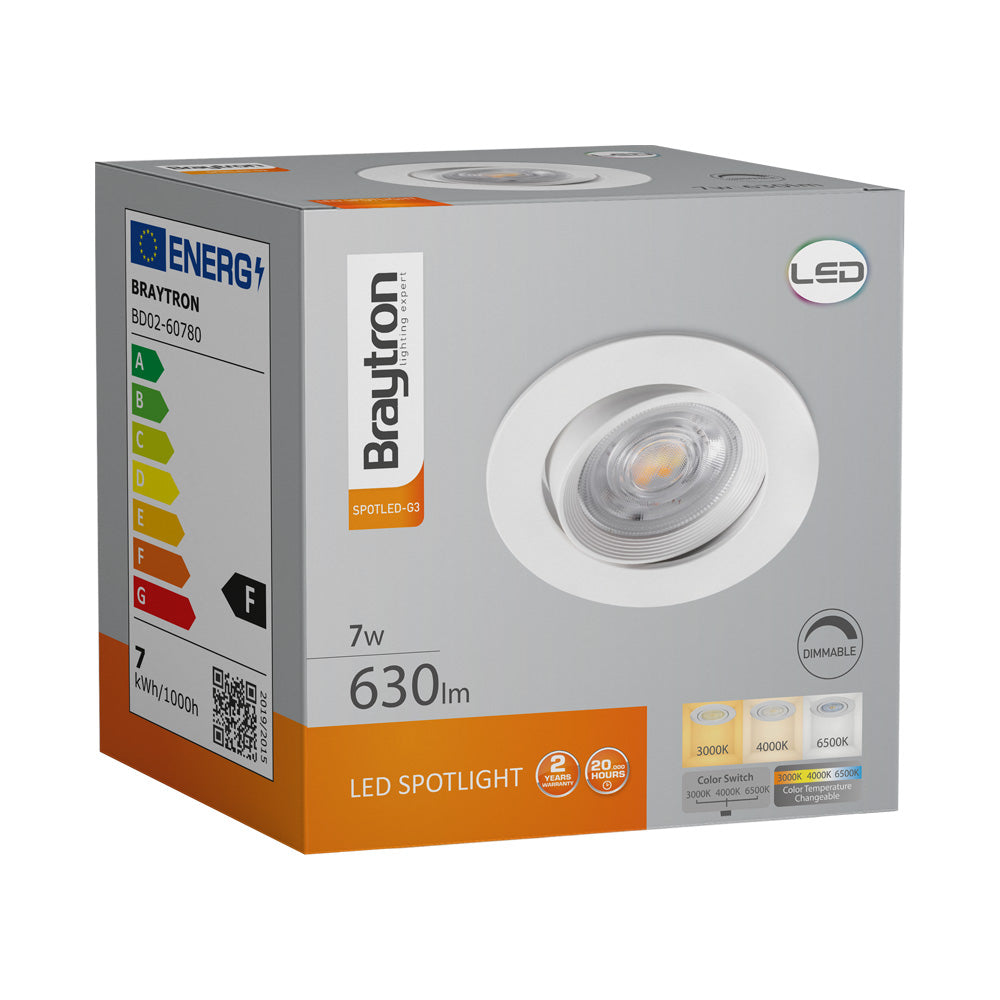 Spot LED Braytron 7W 220-240V CCT 3-en-1 gradable Rond Blanc IP20 630 lumens Faisceau 38°