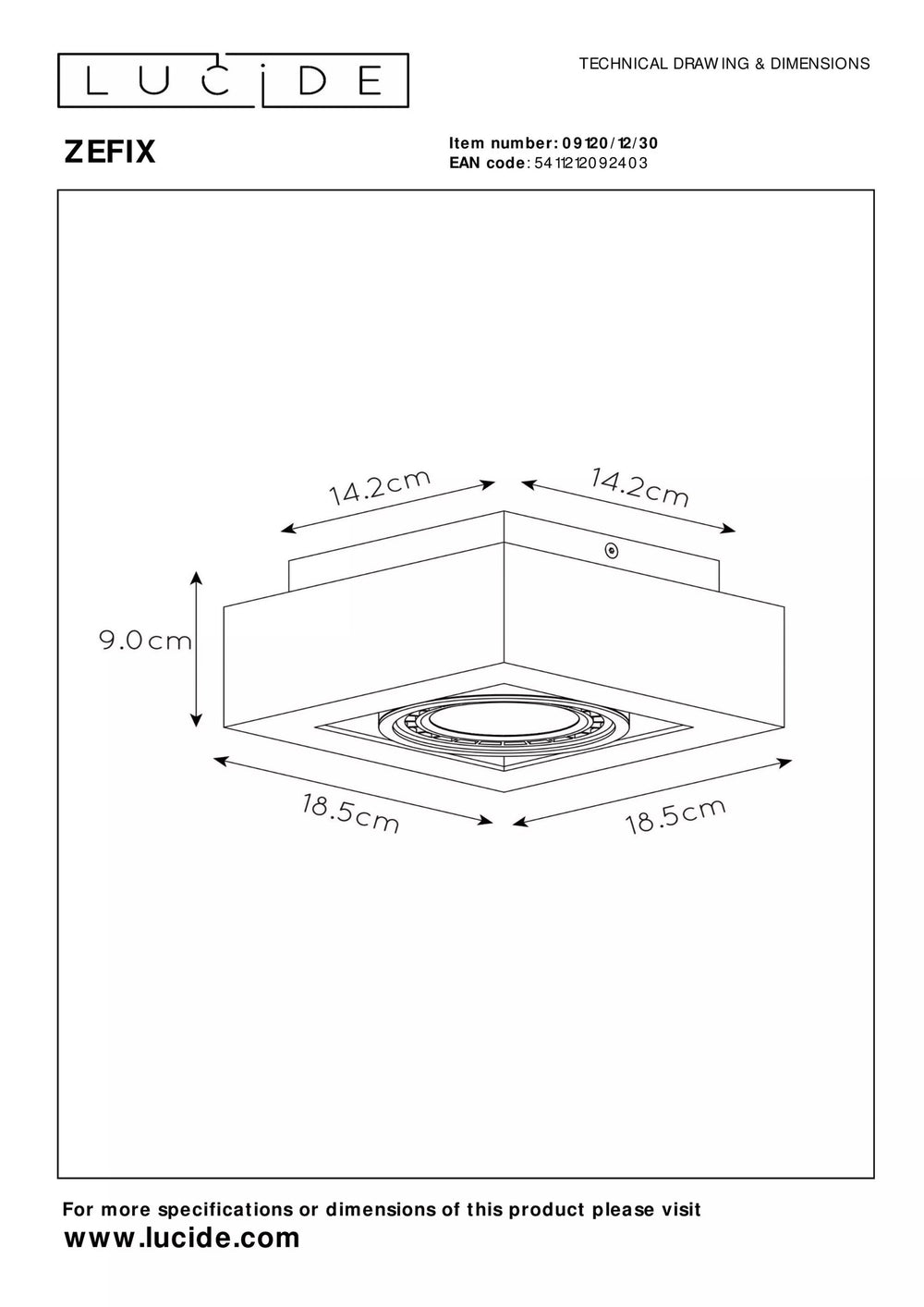 Lucide ZEFIX spot LED de plafond, dim to warm, GU10 12W 2200K-3000K, orientable, carré, Noir, IP20