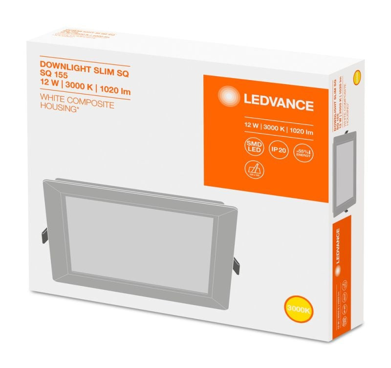 Ledvance LED Downlight Slim Carré 12W 4000K 1020 lumens Plafond Encastré Blanc IP20 155mm
