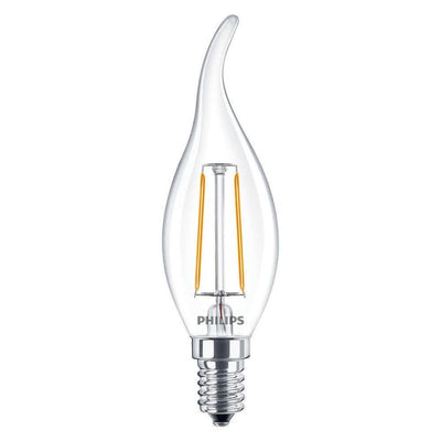 Philips CorePro LED candle E14 2W 250 lumens 2700K clear non dimmable BA35 warm white replaces 25W