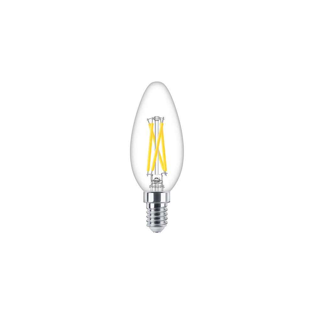 Ampoule bougie LED Philips 2,5W E14 B35 verre clair, dimmable Warm Glow 2200K-2700K 340 lumens CRI 90