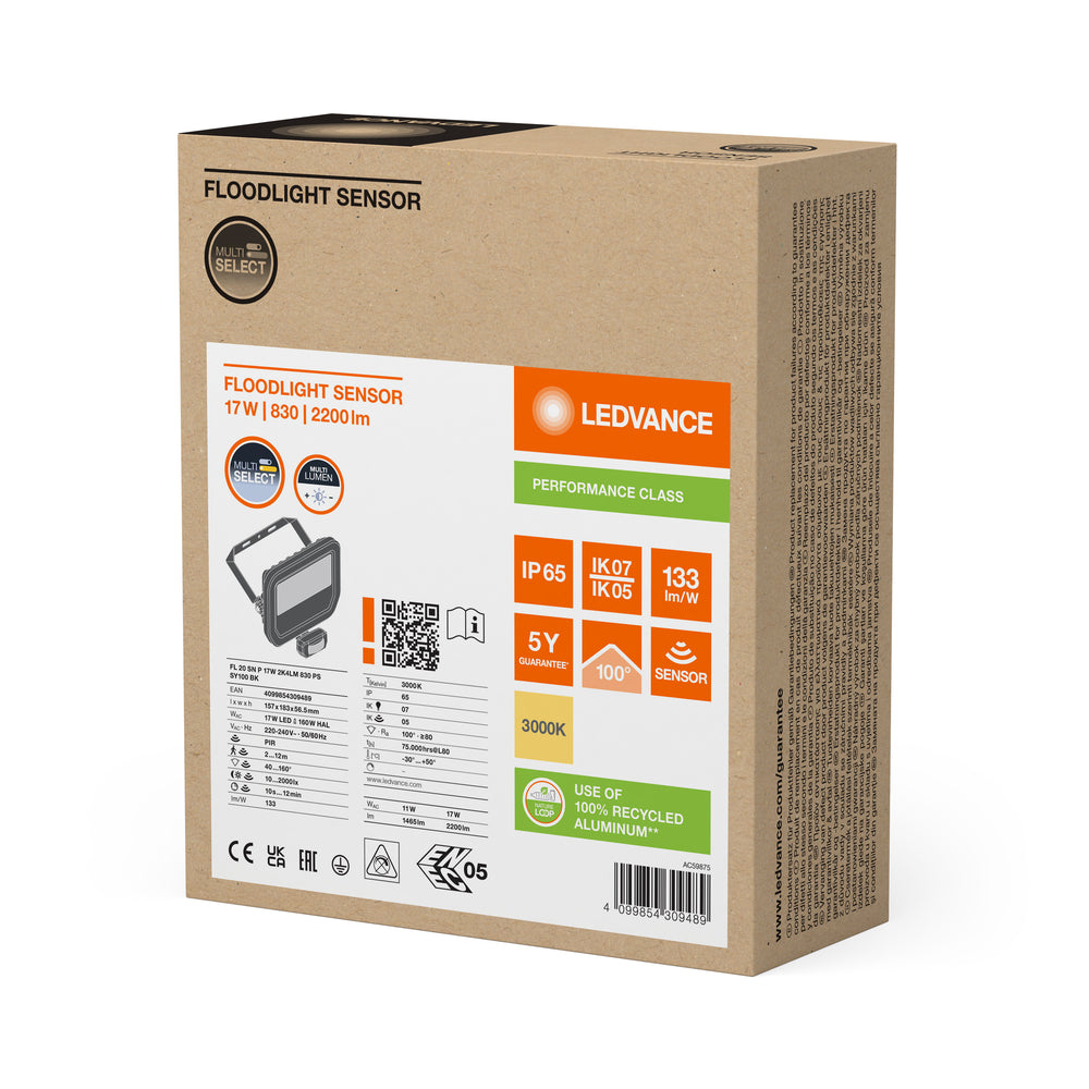 LED Floodlight 17W 2200 lumens 3000K IP65 Black with motion and light sensor