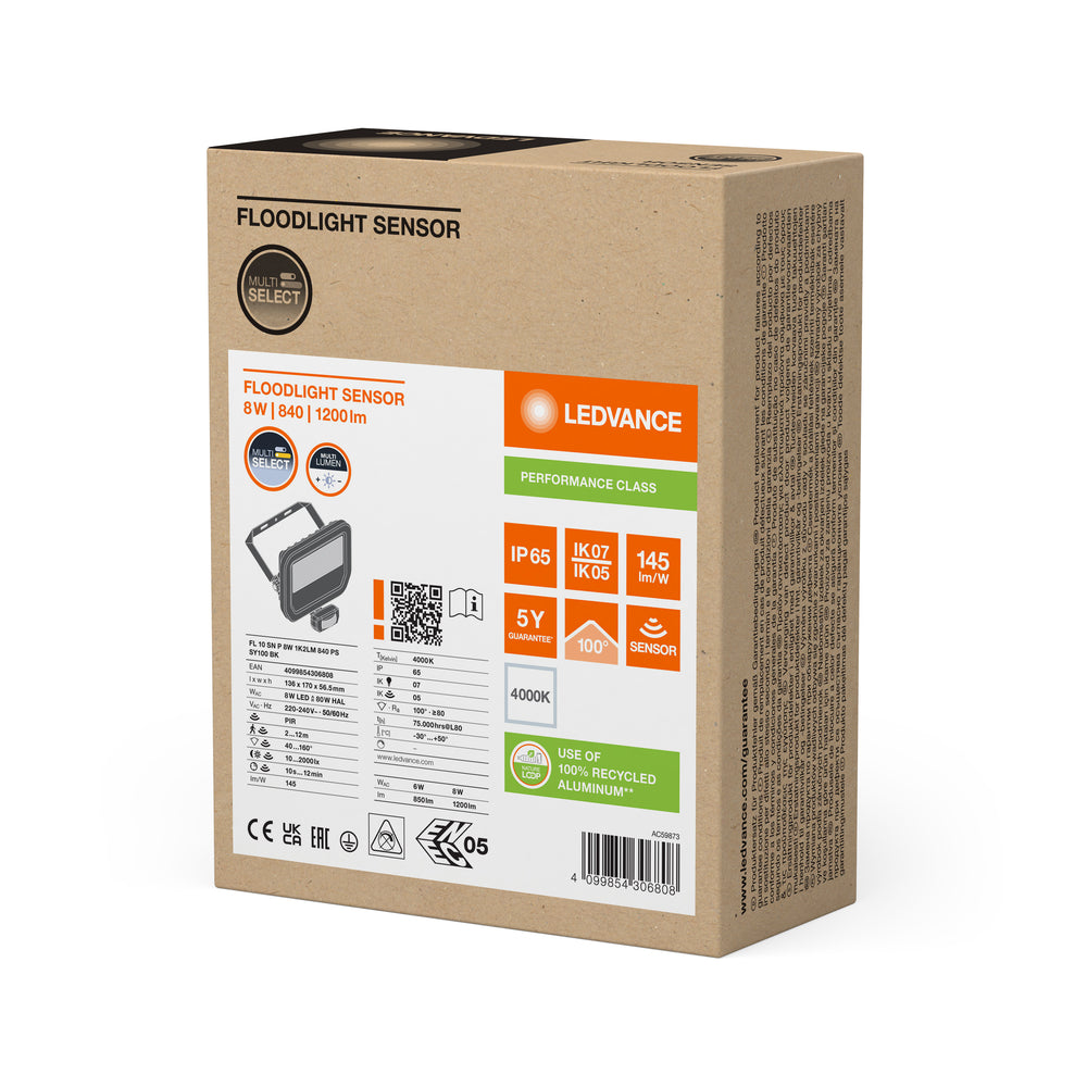 Projecteur LED Noir 8W 1200 lumens 4000K IP65 avec détecteur de mouvement et de luminosité