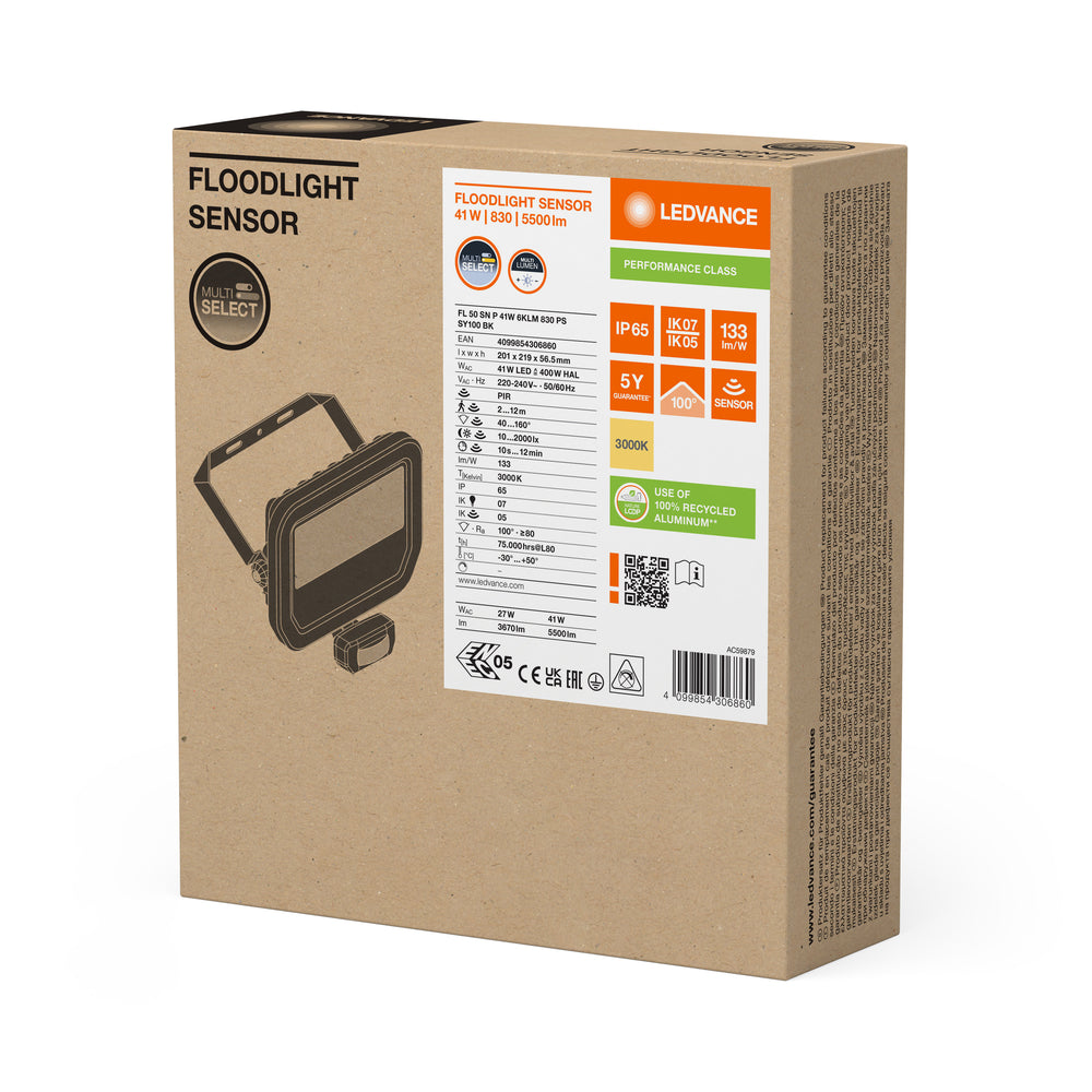 Projecteur LED avec détecteur GEN 3 Noir 41W 3000K 5500 lumens IP65 avec détecteur de mouvement et de luminosité, remplace 100W