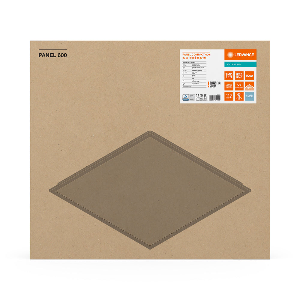 Panneau LED Compact 33W 3630 lumens 6500K Lumière du jour 60x60cm Aluminium Blanc IP20 CRI 80 CE RoHS