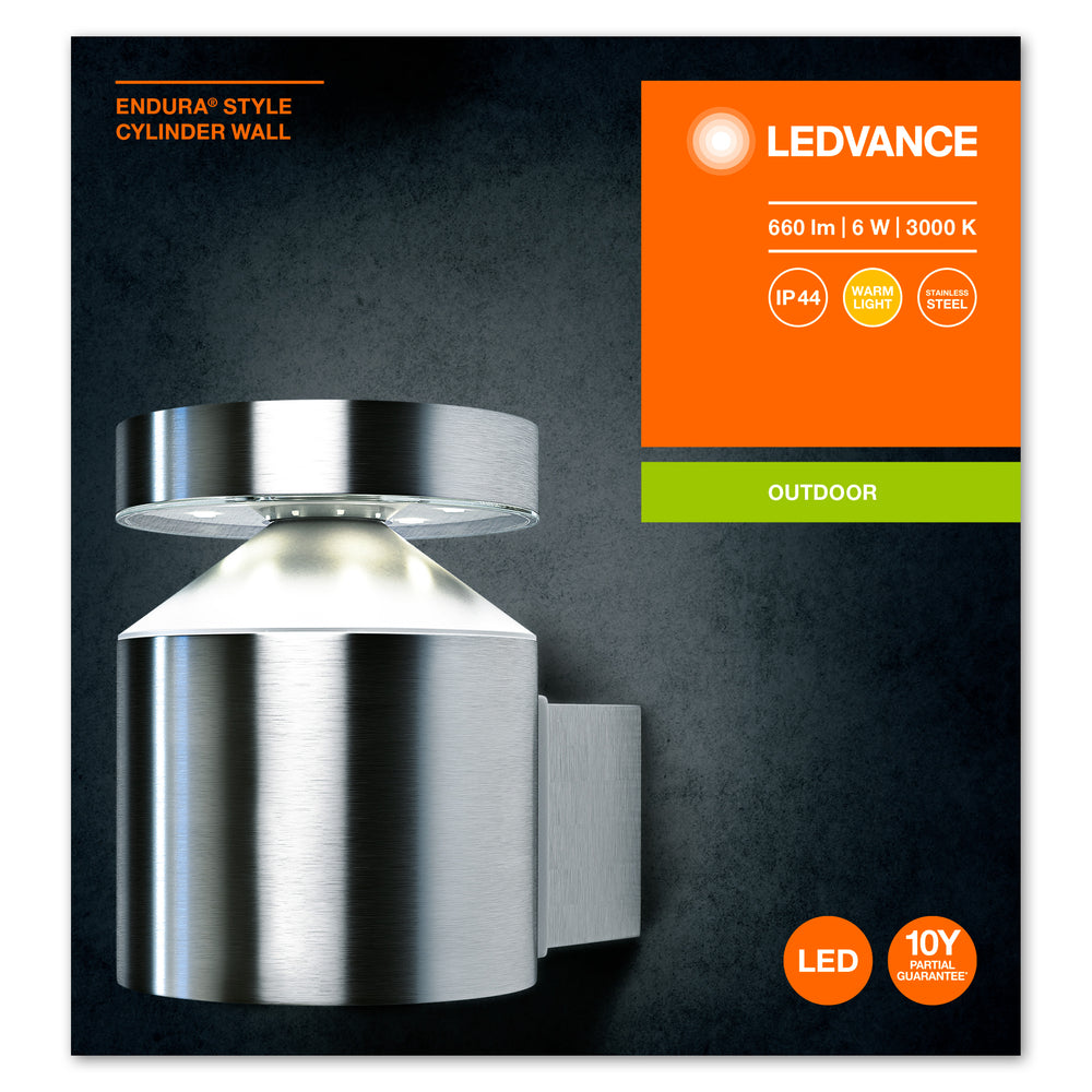 Ledvance ENDURA Style Applique Murale Cylindre LED 6W 3000K IP44 Acier Inoxydable Montage Mural Extérieur