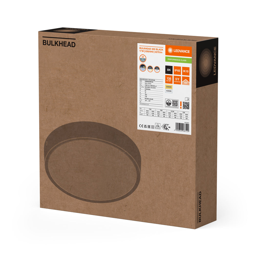 Ledvance LED Hublot Rond 300mm 17W IP65 IK10 2270 lumens 3000K 4000K Noir Montage en Saillie Luminaire Extérieur