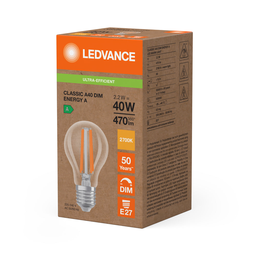 Ampoule Ledvance LED Classic A E27 2.2W 2700K dimmable 470 lumens verre transparent équivalent 40W blanc chaud