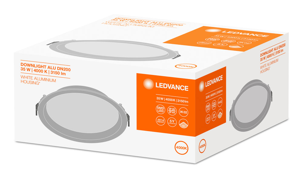 Ledvance Downlight LED 200mm 20W/25W/30W 3000K/4000K 2400-3600 lumens CRI 90 IP44/IP20 Aluminium blanc