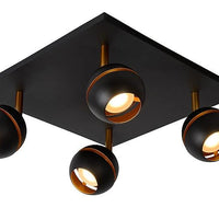 Spot LED de plafond Lucide BINARI, 4x4.5W 2700K, métal rond, noir sable mat avec accents dorés, IP20