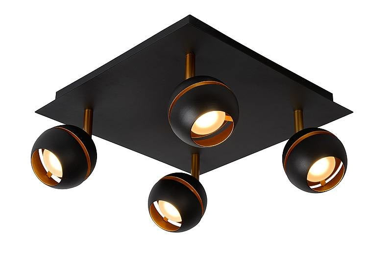 Spot LED de plafond Lucide BINARI, 4x4.5W 2700K, métal rond, noir sable mat avec accents dorés, IP20