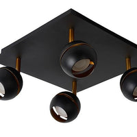 Spot LED de plafond Lucide BINARI, 4x4.5W 2700K, métal rond, noir sable mat avec accents dorés, IP20