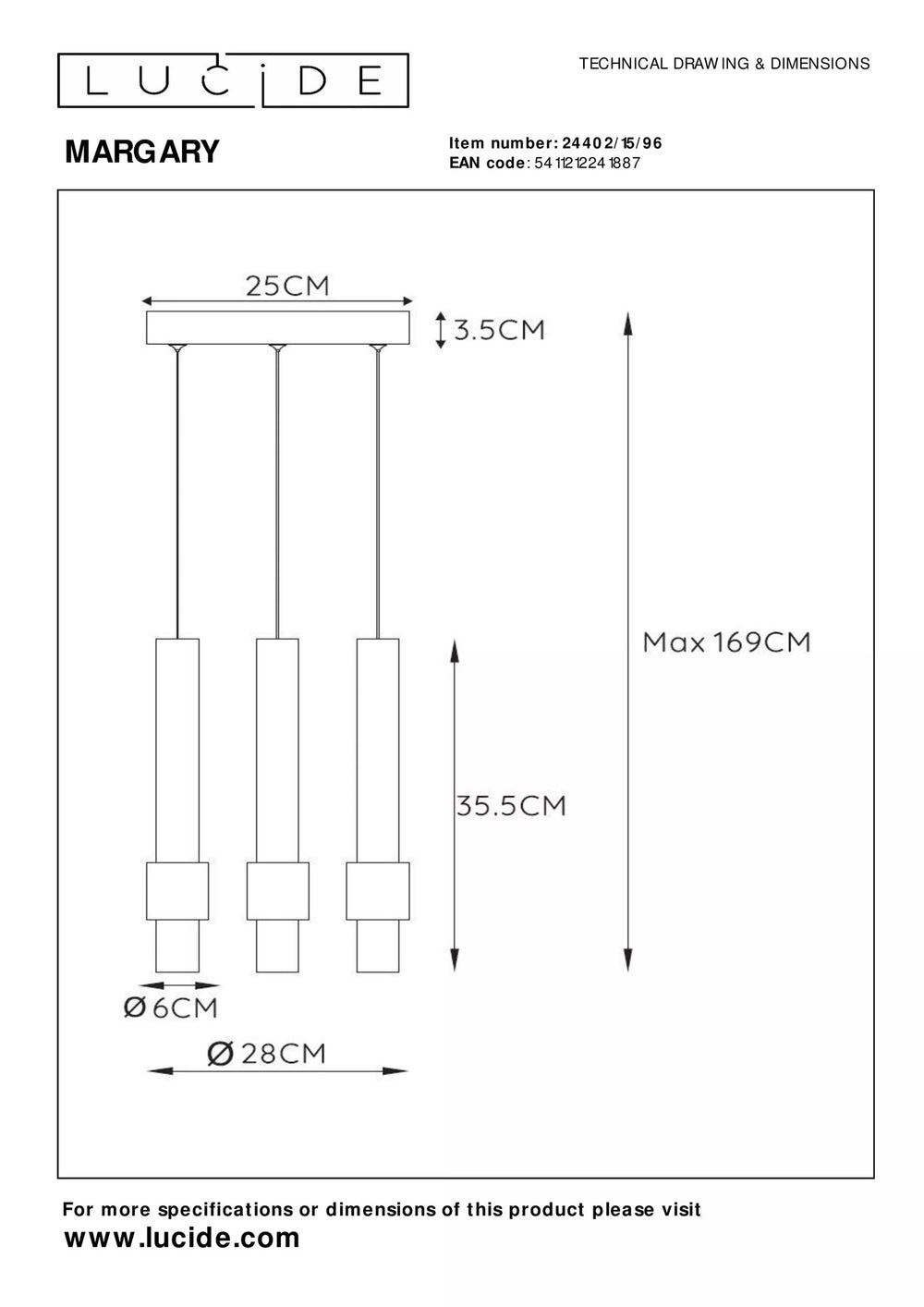 Suspension LED Lucide margary 3x4W 2700K café 28cm dimmable