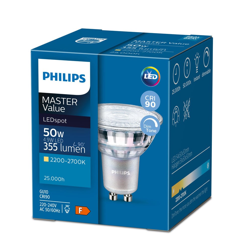 Philips MASTER Value LEDspot GU10 4.9W 2200K-2700K 355 lumens 36° beam 90CRI dimmable