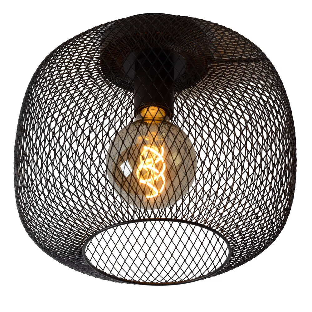 Lucide MESH ceiling light Ø30cm, E27 socket, metal cylinder design, matt black finish, IP20 indoor lighting