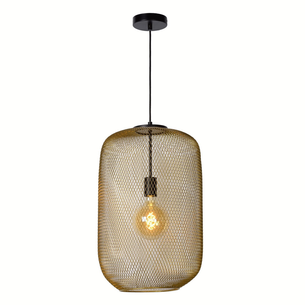 Lucide MESH hanging lamp Ø35cm, E27 socket, matt gold metal, adjustable height, vintage cylinder design