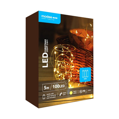 Modee Guirlande LED de Noël 100 LEDs 5m Fil de Cuivre Blanc Chaud 3000K Fonctionne à Piles IP20 Intérieur