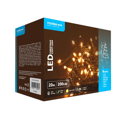 Modee Guirlande Lumineuse LED de Noël 200LED 20m Blanc Chaud avec Adaptateur IP44 Câble Vert