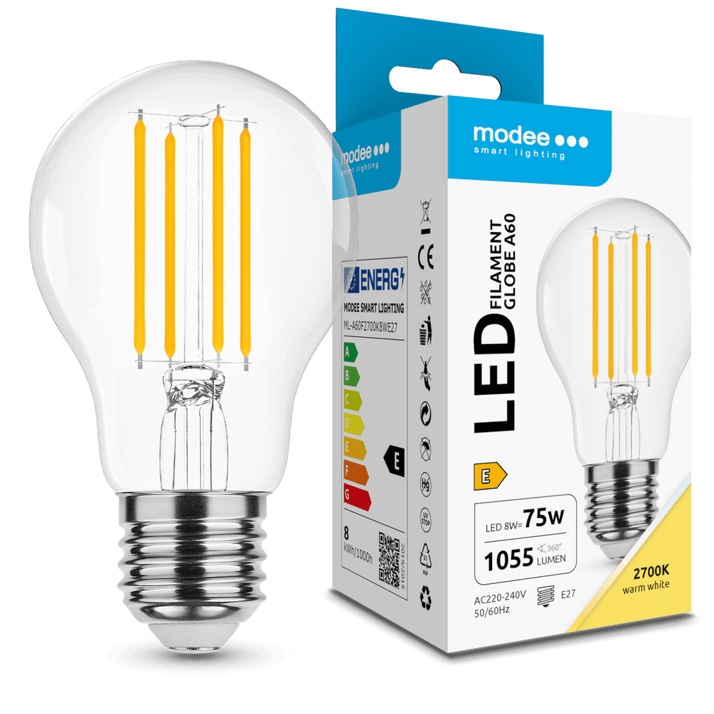 Modee LED Filament A60 Bulb 8W E27 2700K 1055 lumens 360° Non Dimmable Glass Globe