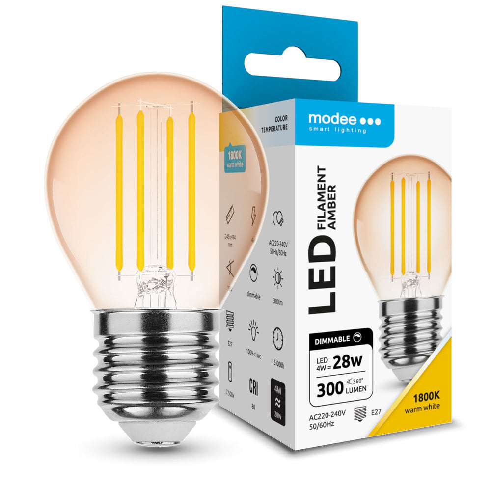 Modee LED Filament Amber Globe Mini G45 4W E27 1800K 300 lumens 320° dimmable IP20