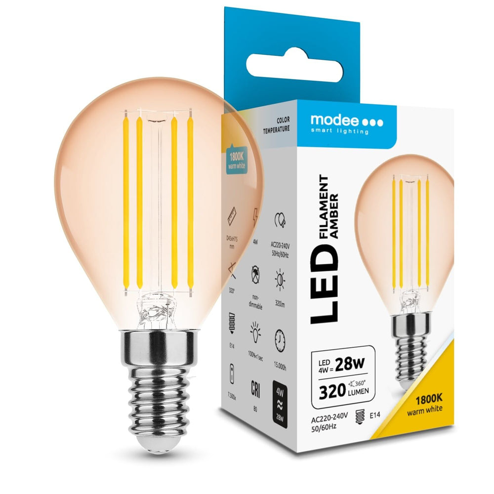 Modee LED Filament Ambre Mini Globe G45 E14 4W 1800K 360 lumens Faisceau 320° 220-240V Non Variable