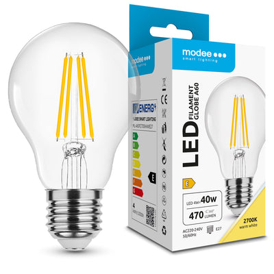 Ampoule à filament LED Modee A60 4W E27 2700K 470 lumens 360° blanc chaud globe en verre non dimmable IP20