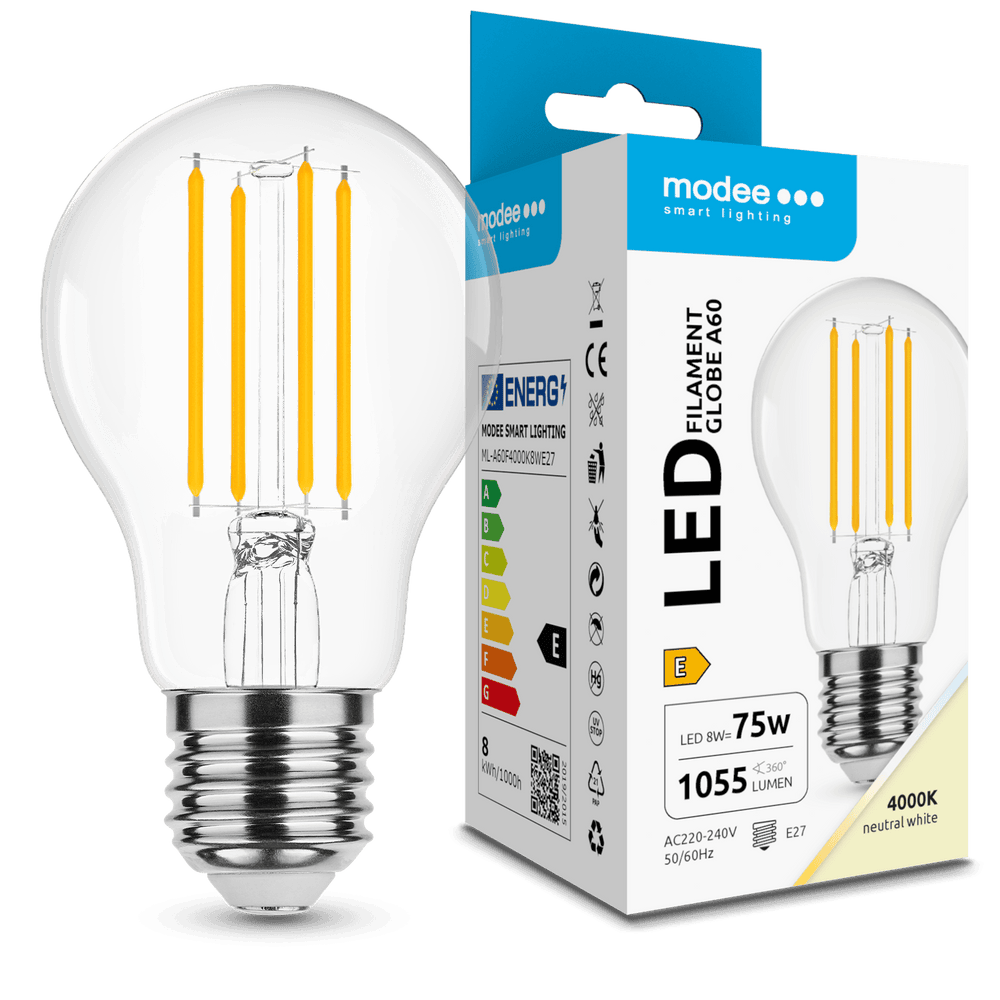Modee LED Filament Bulb A60 8W E27 4000K 1055 lumens 360° Glass Globe IP20 Non Dimmable