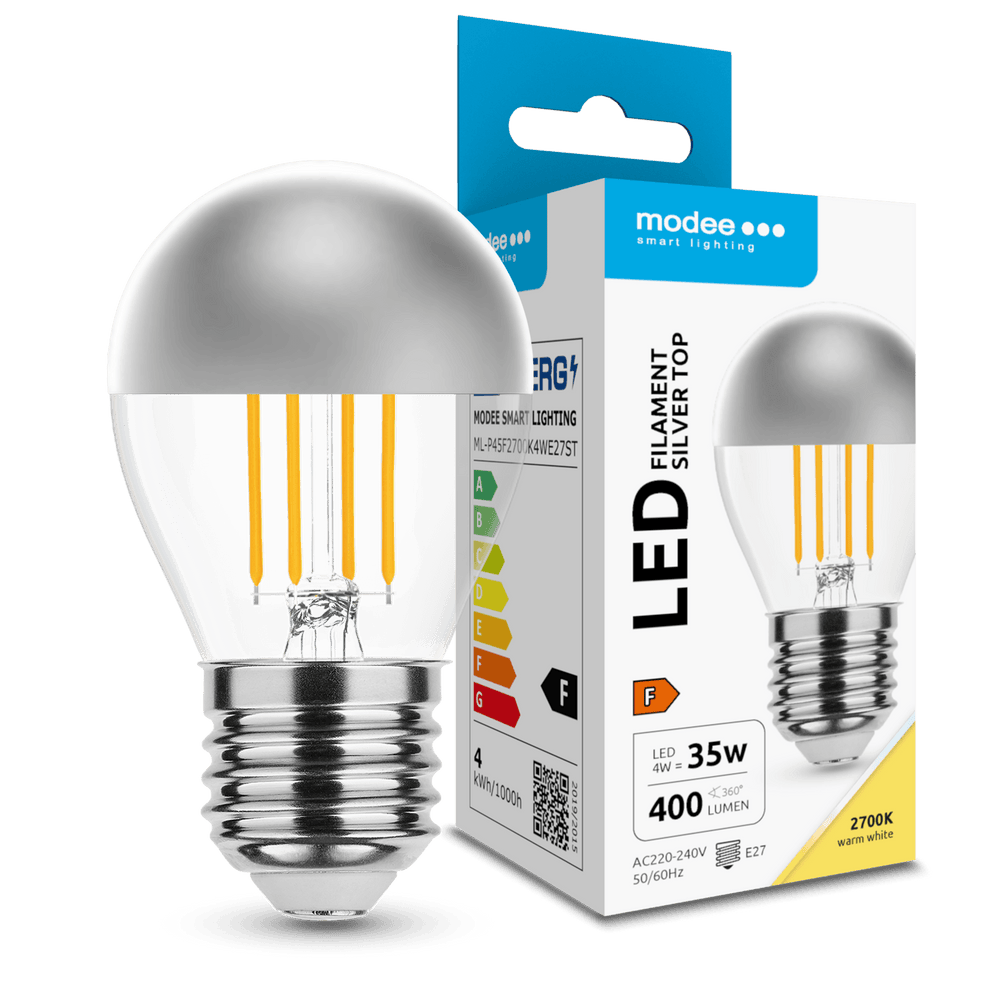 Modee LED Filament G45 Mini Globe Bulb 4W E27 2700K 400 lumens Silver Top 320° Warm White