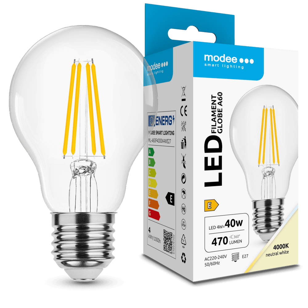 Modee LED Filament Globe A60 4W E27 4000K 470 lumens 360° Glass Bulb IP20 CRI 80