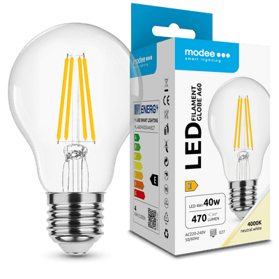 Modee LED Filament Globe A60 4W E27 4000K 470 lumens 360° Ampoule en verre IP20 CRI 80