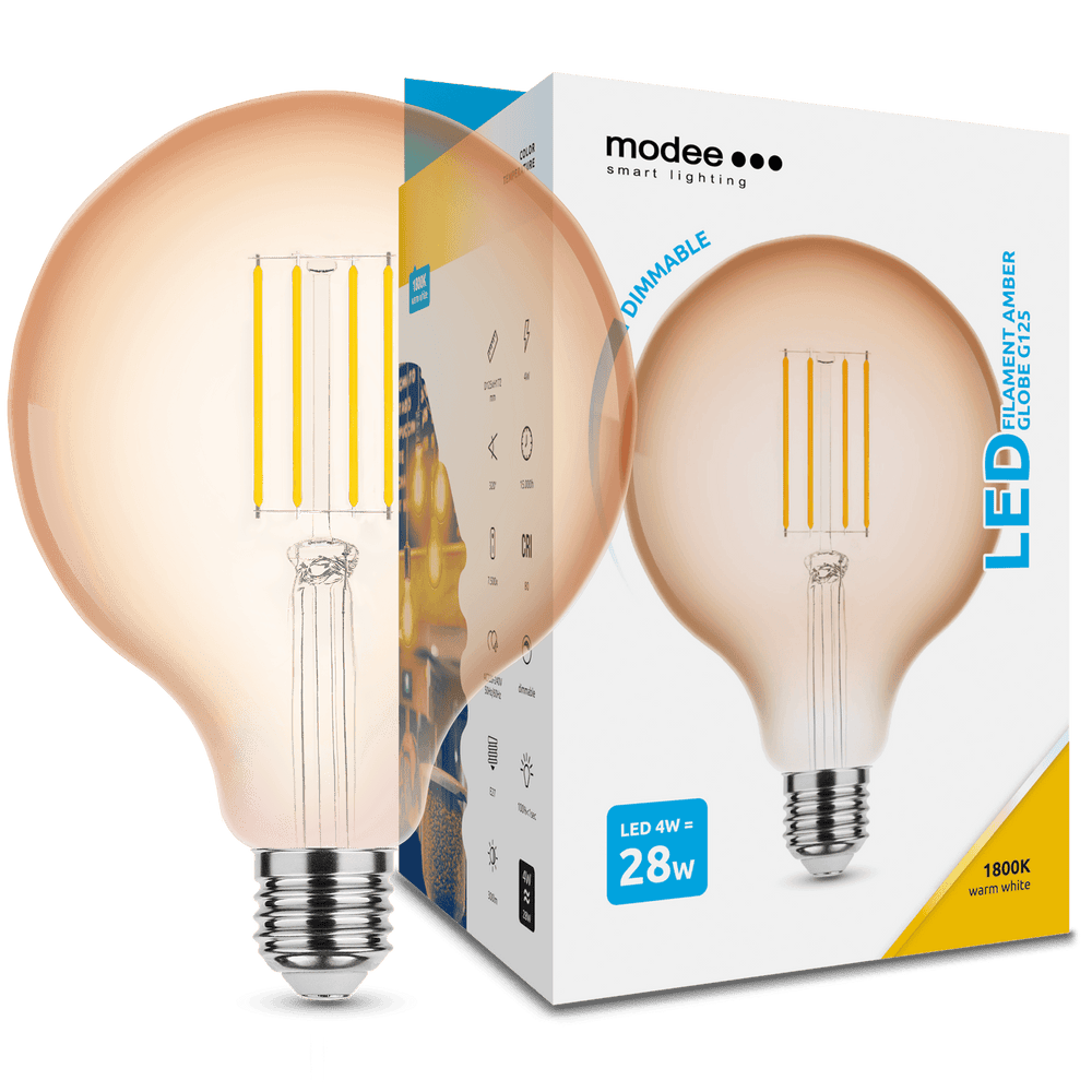Modee LED Filament Globe G125 4W E27 Amber 1800K 300 lumens 320° Dimmable IP20