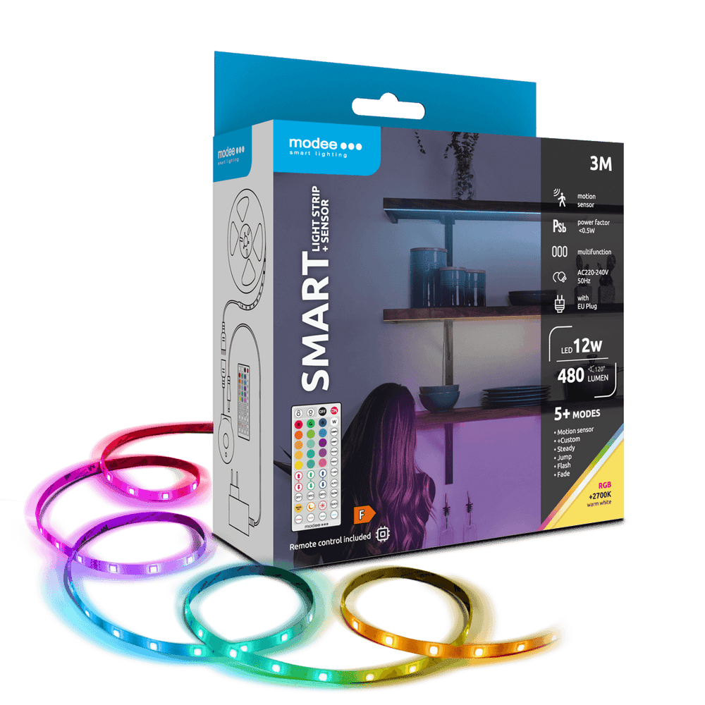 Modee Bande LED Intelligente 12W 3M IP20 avec Télécommande, Capteur, RGB + 2700K 480 lumens pour éclairage flexible