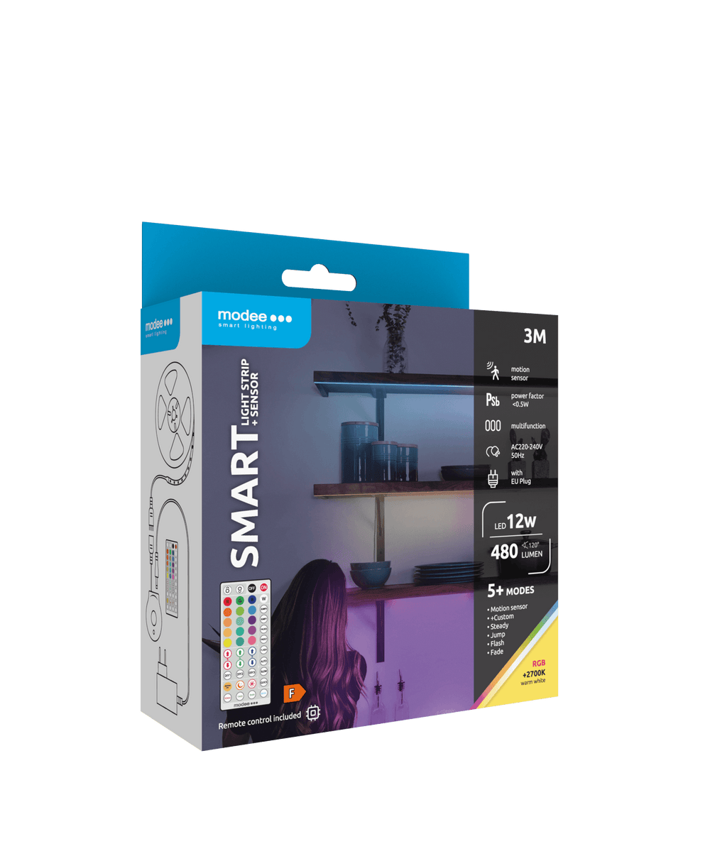 Modee Bande LED Intelligente 12W 3M IP20 avec Télécommande, Capteur, RGB + 2700K 480 lumens pour éclairage flexible