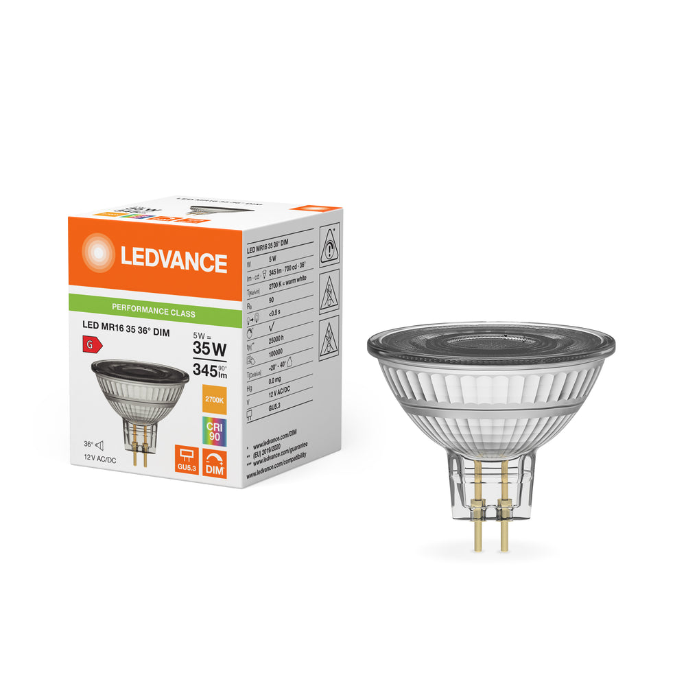 Spot LED Performance Réflecteur GU5.3 MR16 5W 345 lumens 2700K gradable 36D remplace 35W