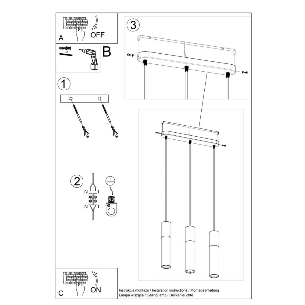 Sollux Lighting pablo 3 pendant lamp black 3 bulbs 900mm height LED compatible
