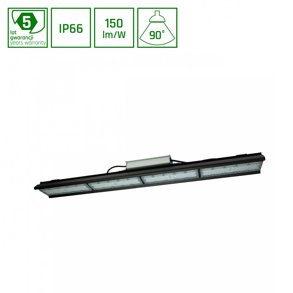 Suspension LED Spectrum Halls Line 200W noir, 4000K, 30000 lumens, dimmable, IP66, angle de 90°, éclairage industriel