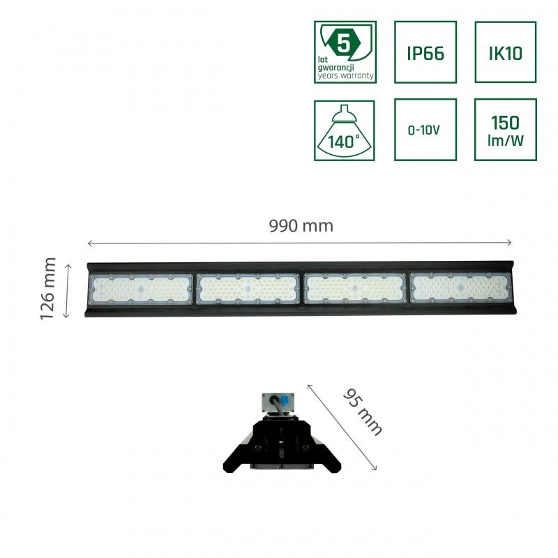 Suspension LED Spectrum Halls Line 200W noir, 4000K, 30000 lumens, dimmable, IP66, angle de 90°, éclairage industriel